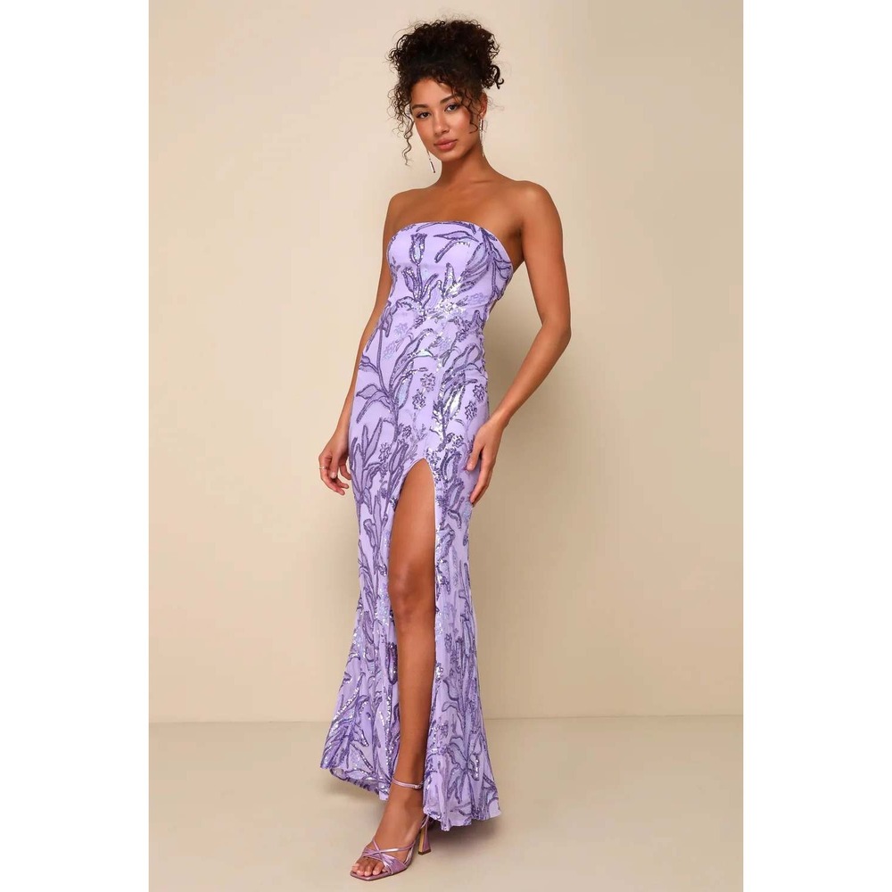 Lulus Shimmering Icon Lavender Sequin Lace-Up Strapless Maxi Dress Size Small